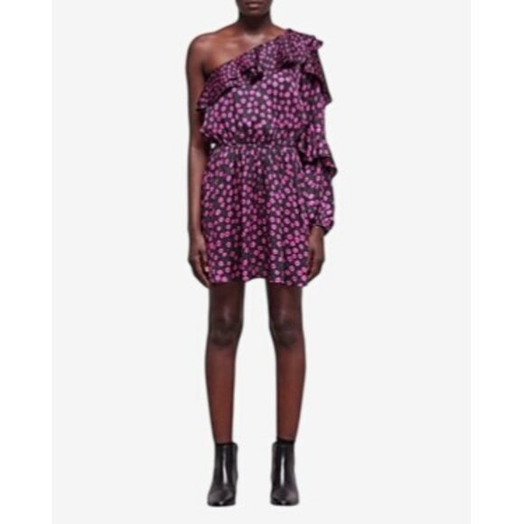 The Kooples One-Shoulder Floral Dress EU 0 Pink & Black Polyester - Picture 7 of 11